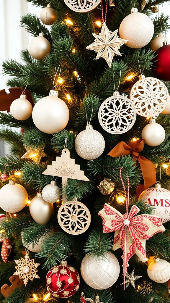 A festive Christmas tree with Pier 1 inspired ornaments, showcasing a mix of glass, wood, and fabric decorations.